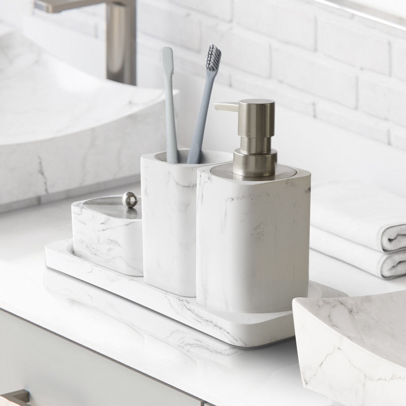 Modern White Faux Marble Bathroom Accessories Sets Liquid Soap Dispenser Mouthwash Tumbler Toothbrush Holder Box For Cotton Swabs