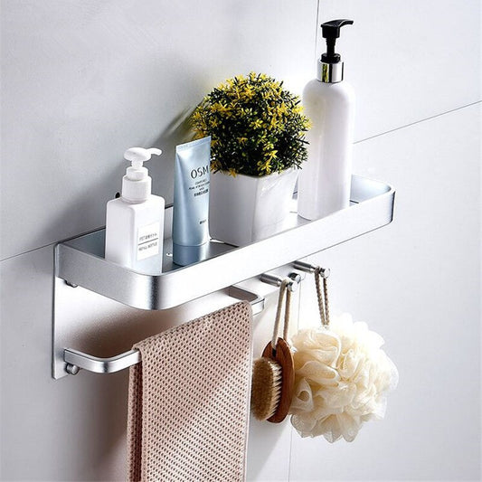 Aluminium Bathroom Shelf Rounded Square Shower Accessory Rack Bath Shower Shelf With Towel Hooks Rail Bathroom Organizer Rack