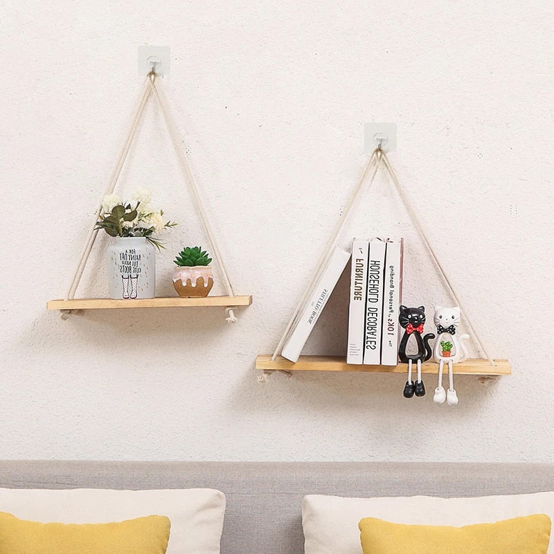 Nordic Hanging Rope Wall Mounted Floating Shelves Premium Wood Swing Plant Flower Pot Tray Scandinavian Home Decoration