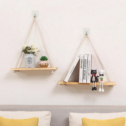 Nordic Hanging Rope Wall Mounted Floating Shelves Premium Wood Swing Plant Flower Pot Tray Scandinavian Home Decoration