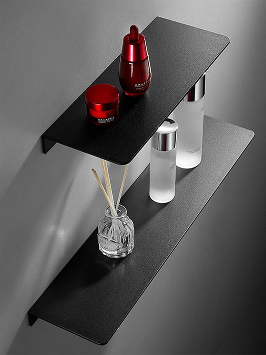 Black White Space Aluminum Bathroom Shelf For Cosmetics Shampoo Modern Minimalist Design Wall Mounted No Drilling Shelf For Washroom