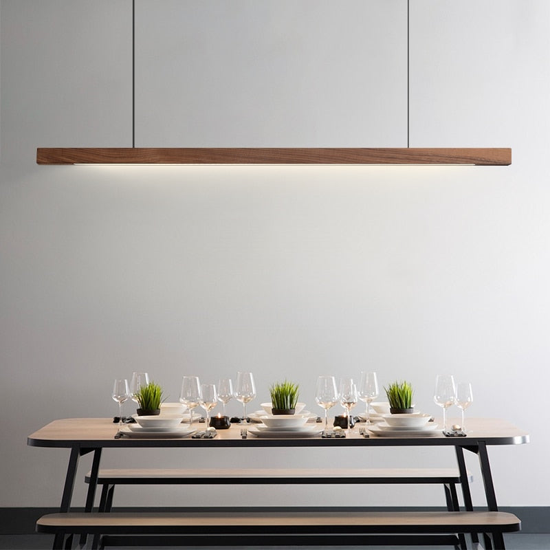 Modern Solid Wood Beam LED Pendant Light Fixture Sleek Minimalist Linear Lighting For Dining Room Table Kitchen Island Centrepiece Lighting