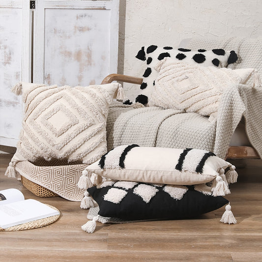 Cotton Linen Tassel Boho Cushion Cover Modern Neutral Color Pillow Cases Covers For Sofa Throw 45x45cmCushions Bohemian Living Room Decor