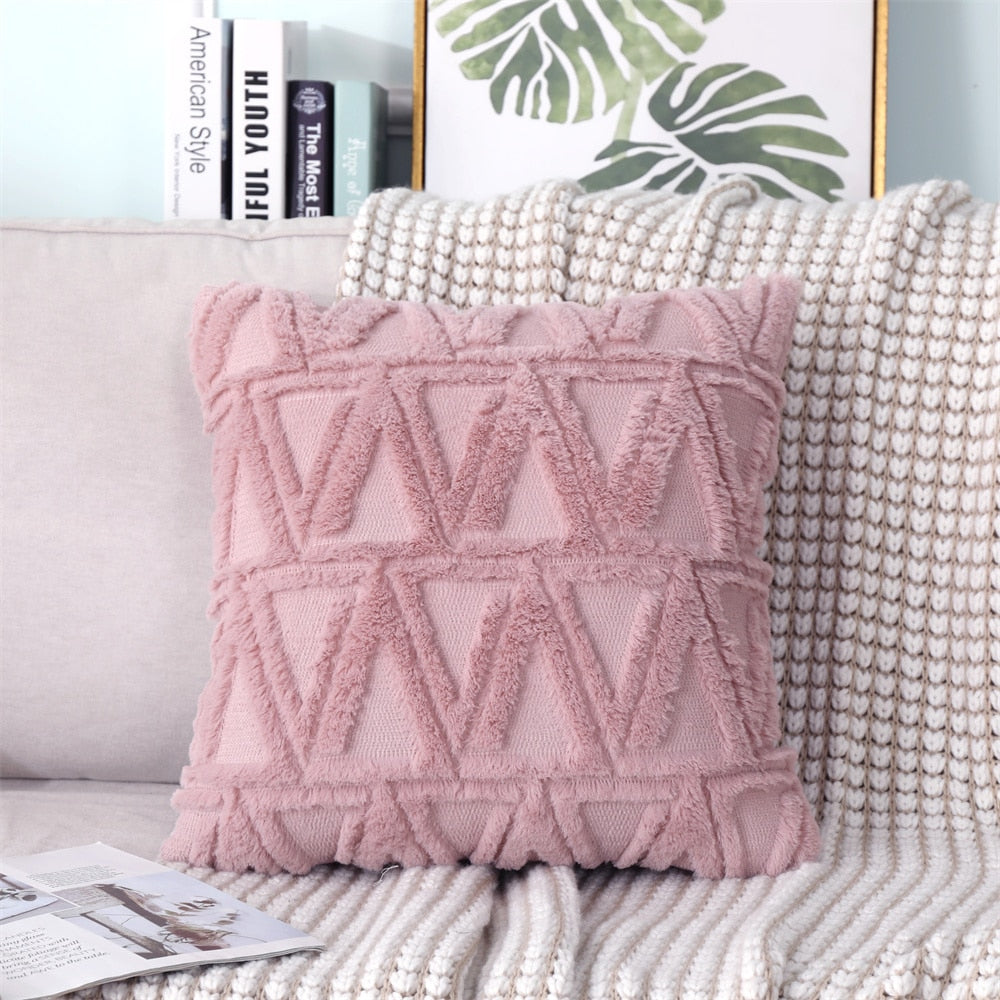 Soft Plush Cushion Cover Modern Rustic Luxury Embroidered Geometric Faux Wool Decorative Cover For Sofa Cushions Throw Pillow Cover