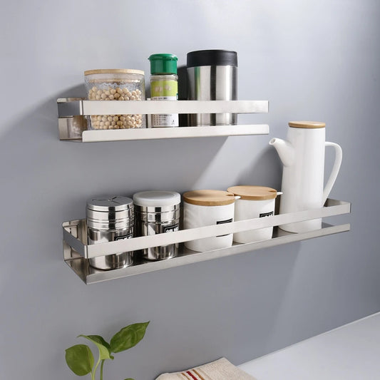 Industrial Design Stainless Steel Kitchen Shelf Racking For Storing Pots Jars Tea Coffee Spices etc Modern Aesthetics In Matt Black Or Brushed Silver 4 Sizes