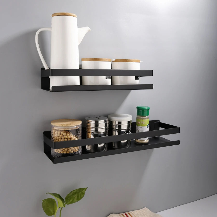 Industrial Design Stainless Steel Kitchen Shelf Racking For Storing Pots Jars Tea Coffee Spices etc Modern Aesthetics In Matt Black Or Brushed Silver 4 Sizes