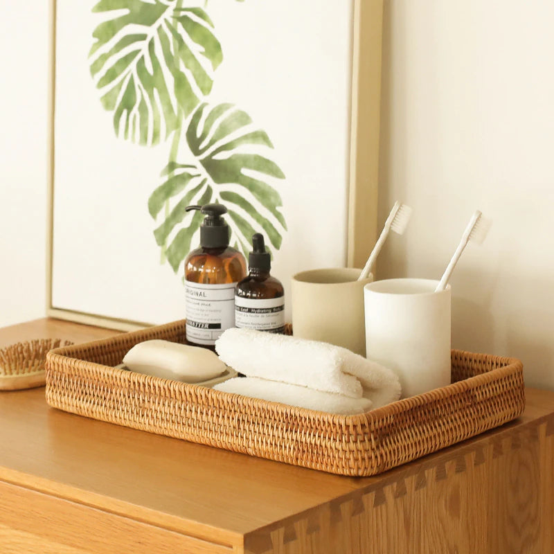 Japanese Style Handwoven Rattan Storage Tray Wicker Basket For Fruit Table Condiments Cosmetics etc Essential Home Storage For Kitchen Dining Room