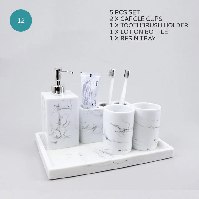 Light Grey White Marble Design Bathroom Accessories Soap Dispenser Toothbrush Holder Soap Dish Gargle Cup Wash Set Storage Tray Essential Washroom Supplies