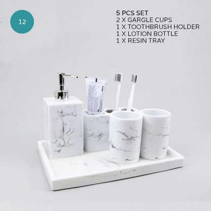 Light Grey White Marble Design Bathroom Accessories Soap Dispenser Toothbrush Holder Soap Dish Gargle Cup Wash Set Storage Tray Essential Washroom Supplies