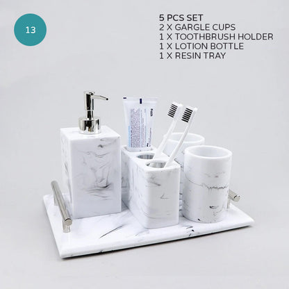 Light Grey White Marble Design Bathroom Accessories Soap Dispenser Toothbrush Holder Soap Dish Gargle Cup Wash Set Storage Tray Essential Washroom Supplies