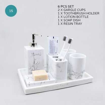 Light Grey White Marble Design Bathroom Accessories Soap Dispenser Toothbrush Holder Soap Dish Gargle Cup Wash Set Storage Tray Essential Washroom Supplies