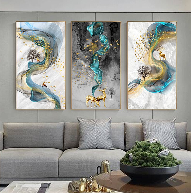 Lucky Golden Deer Abstract Nordic Contemporary Wall Art Paintings Fine Art Canvas Prints Luxury Pictures Modern Home Office Decor