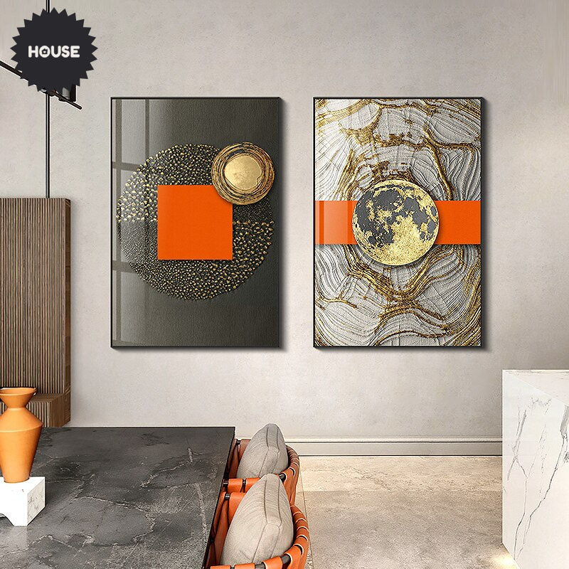 Luxury Abstract Modern Aesthetics Wall Art Fine Art Canvas Prints Bold Orange Golden Pictures For Modern Loft Apartment Living Room Home Office Decor