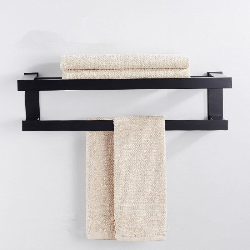 Matt Black Bathroom Towel Rack Wall Mounted Shelf With Twin Tier Towel Rails Modern Angular Design Polished Aluminum Finish Premium Bathroom Hardware