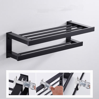Matt Black Bathroom Towel Rack Wall Mounted Shelf With Twin Tier Towel Rails Modern Angular Design Polished Aluminum Finish Premium Bathroom Hardware