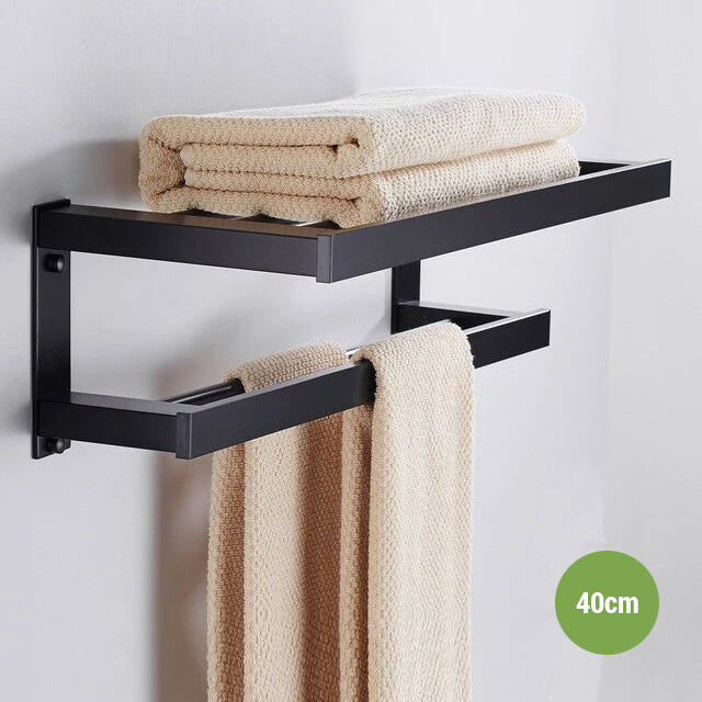 Matt Black Bathroom Towel Rack Wall Mounted Shelf With Twin Tier Towel Rails Modern Angular Design Polished Aluminum Finish Premium Bathroom Hardware