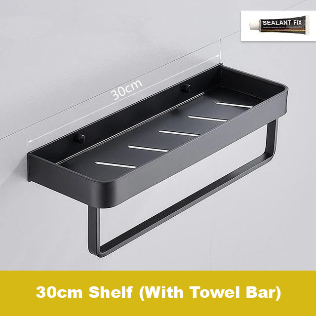 Matt Black Space Aluminum Storage Rack Bathroom Shelf For Cosmetics With Optional Towel Rail And Hooks Electroplated Alloy Shelves For Modern Bathroom Washroom Fittings