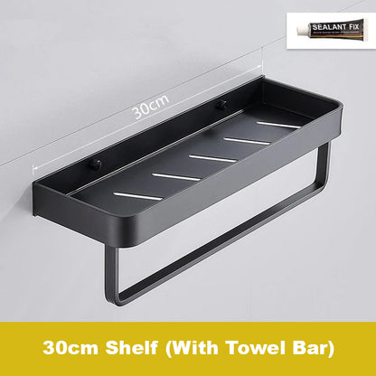 Matt Black Space Aluminum Storage Rack Bathroom Shelf For Cosmetics With Optional Towel Rail And Hooks Electroplated Alloy Shelves For Modern Bathroom Washroom Fittings