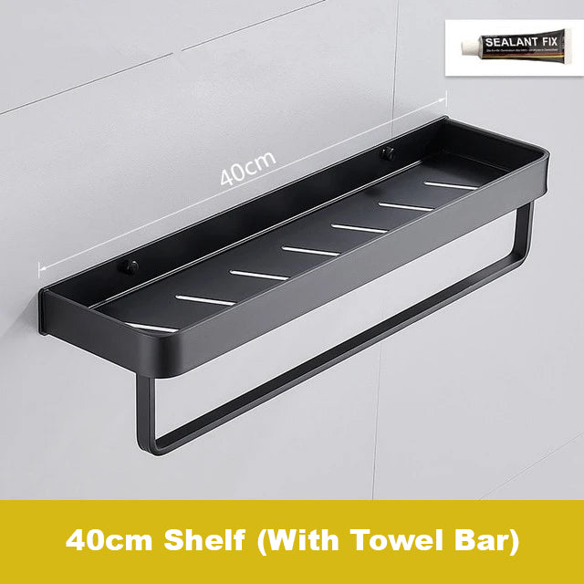 Matt Black Space Aluminum Storage Rack Bathroom Shelf For Cosmetics With Optional Towel Rail And Hooks Electroplated Alloy Shelves For Modern Bathroom Washroom Fittings