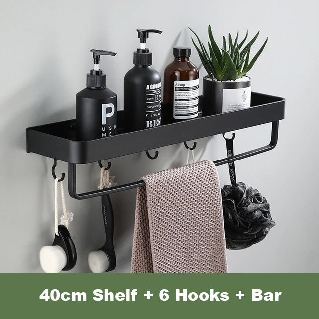 Matt Black Space Aluminum Storage Rack Bathroom Shelf For Cosmetics With Optional Towel Rail And Hooks Electroplated Alloy Shelves For Modern Bathroom Washroom Fittings
