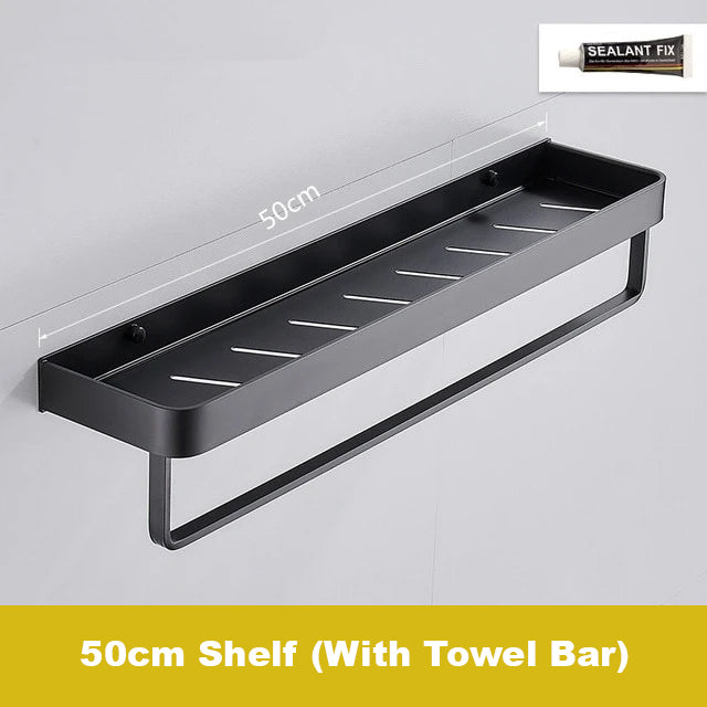 Matt Black Space Aluminum Storage Rack Bathroom Shelf For Cosmetics With Optional Towel Rail And Hooks Electroplated Alloy Shelves For Modern Bathroom Washroom Fittings