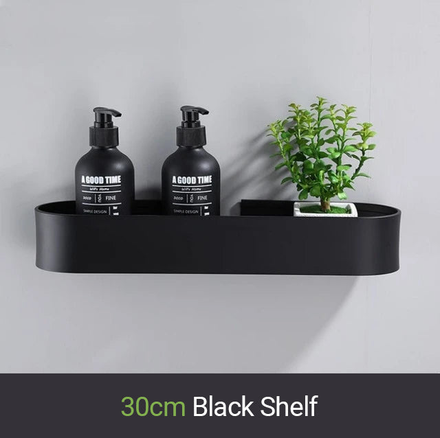 Matt Black Storage Shelf For Bathroom Or Kitchen Strong Modern Design Rigid Lightweight Space Aluminum With Optional Towel Rack No Drilling Required