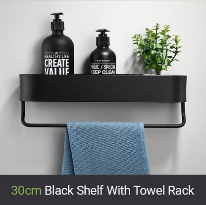 Matt Black Storage Shelf For Bathroom Or Kitchen Strong Modern Design Rigid Lightweight Space Aluminum With Optional Towel Rack No Drilling Required