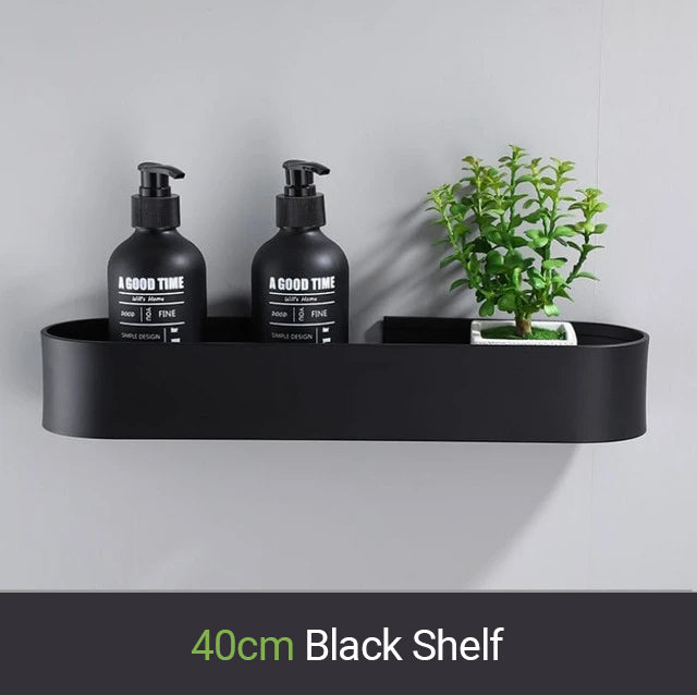 Matt Black Storage Shelf For Bathroom Or Kitchen Strong Modern Design Rigid Lightweight Space Aluminum With Optional Towel Rack No Drilling Required