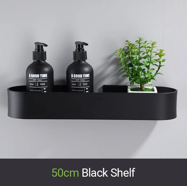 Matt Black Storage Shelf For Bathroom Or Kitchen Strong Modern Design Rigid Lightweight Space Aluminum With Optional Towel Rack No Drilling Required