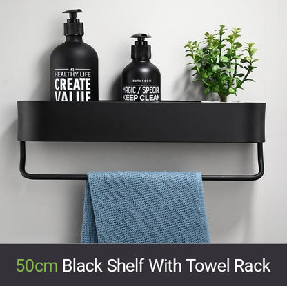 Matt Black Storage Shelf For Bathroom Or Kitchen Strong Modern Design Rigid Lightweight Space Aluminum With Optional Towel Rack No Drilling Required
