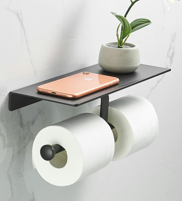 Matte Black Silver White Aluminum Toilet Roll Holder With Shelf Bathroom Accessory Rack For Holding Phone Cosmetics etc Double Toilet Roll Option