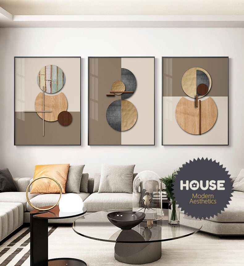 Modern Abstract Geometric Spherical Minimalist Wall Art Fine Art Canvas Prints Brown Beige Neutral Color Pictures For Luxury Loft Apartment Interior Decor