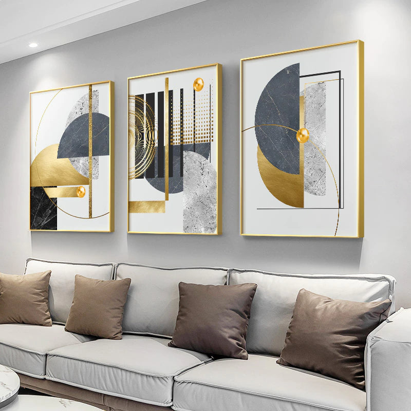 Modern Abstract Gray Golden Geometric Wall Art Fine Art Canvas Prints Pictures For Luxury Loft Living Room Contemporary Home Office Interior Decor