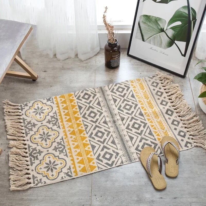 Modern Bohemian Carpet Rugs For Bedroom Living Room Area Mats Hand Woven Cotton Linen Tassel Floor Mat Bedside Rug Geometric Carpet 60x90cm