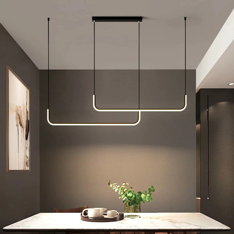 Modern Minimalist LED Chandelier Lighting Abstract Slimline Linear Light Fitting For Above Kitchen Island Worktop Dining Room Table Lighting Contemporary Home Decor