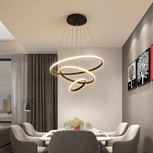 Modern Minimalist LED Chandelier With 3/4/5 Round Floating Light Rings Contemporary Abstract Lighting Rig For Living Room Dining Room Loft Home Office Decor