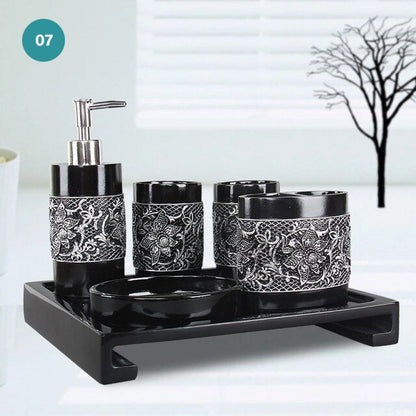 Modern Bathroom Accessories Kit Finished In Black Or White Resin Soap Dispenser Gargle Cup Toothbrush Holder Stylish Washroom Hardware Modern Bathroom Decor