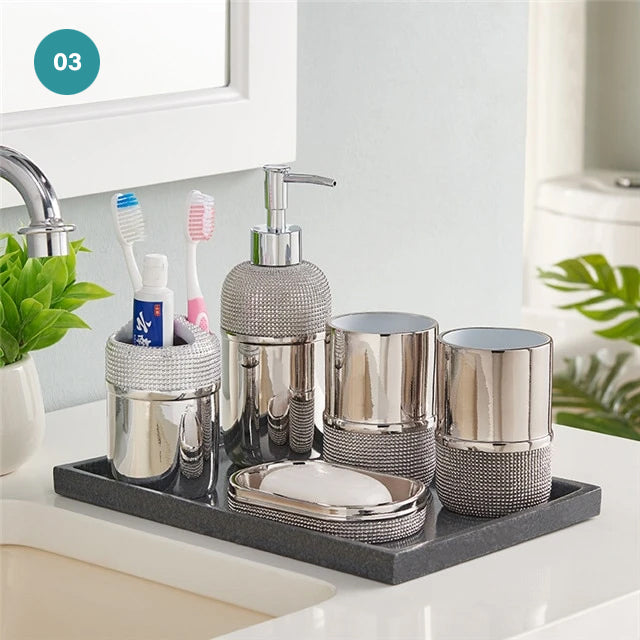 Modern Bathroom Accessories Resin Bronze Silver Soap Dispenser Toothbrush Holder Gargle Cup Soap Dish Tidy Solution Stylish Washroom Hardware Set