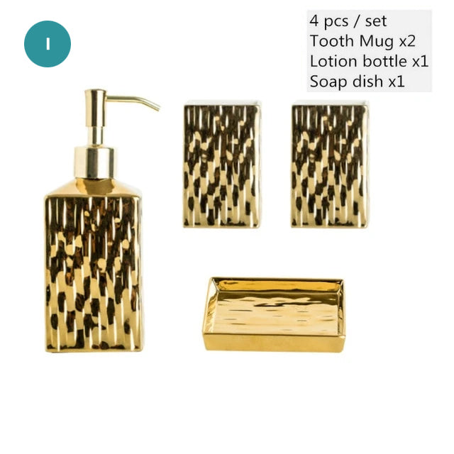 Modern Bathroom Accessories Set Ceramic Golden Or Silver Soap Dish Soap Lotion Dispenser Toothbrush Holder Stylish Makeup Cosmetics Storage Washroom Hardware
