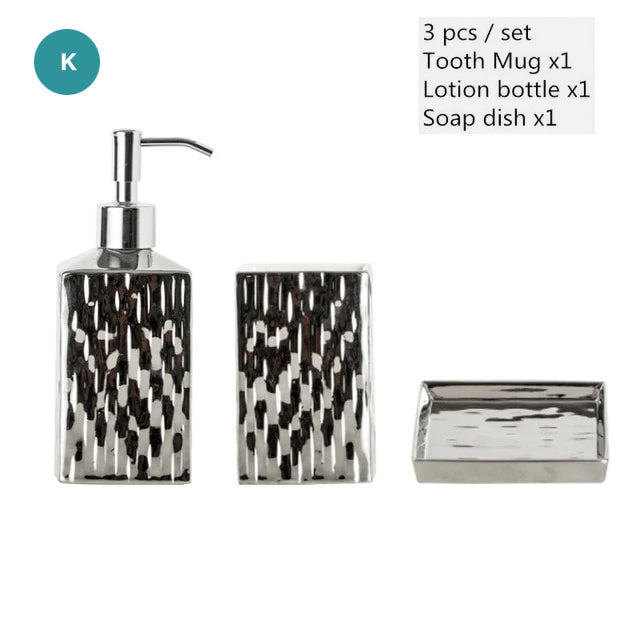 Modern Bathroom Accessories Set Ceramic Golden Or Silver Soap Dish Soap Lotion Dispenser Toothbrush Holder Stylish Makeup Cosmetics Storage Washroom Hardware