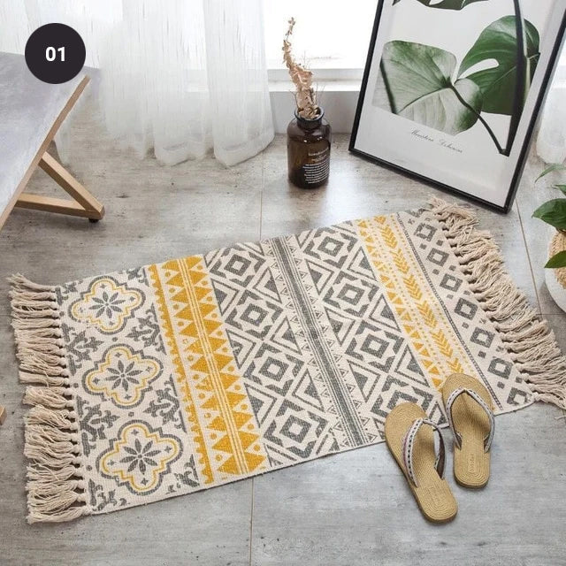 Modern Bohemian Carpet Rugs For Bedroom Living Room Area Mats Hand Woven Cotton Linen Tassel Floor Mat Bedside Rug Geometric Carpet 60x90cm