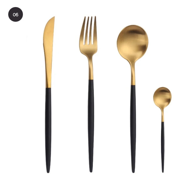 Modern Gold Cutlery Set Stainless Steel Tableware Knife Fork Dessert Spoon Teaspoon Dinnerware Contemporary Flatware Essential Designer Kitchen Accessories