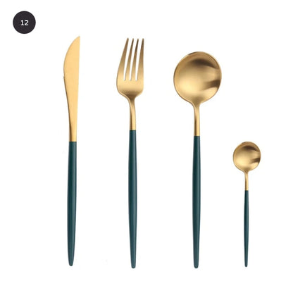 Modern Gold Cutlery Set Stainless Steel Tableware Knife Fork Dessert Spoon Teaspoon Dinnerware Contemporary Flatware Essential Designer Kitchen Accessories
