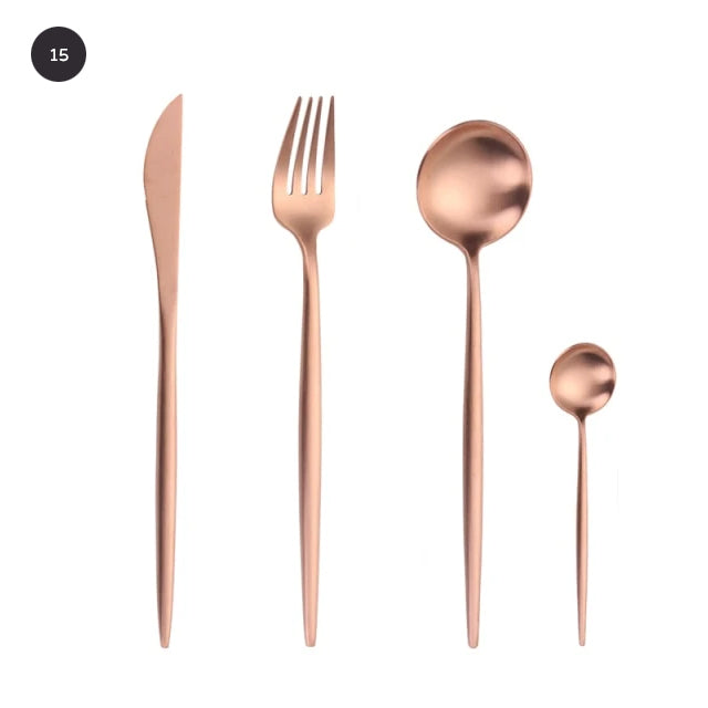 Modern Gold Cutlery Set Stainless Steel Tableware Knife Fork Dessert Spoon Teaspoon Dinnerware Contemporary Flatware Essential Designer Kitchen Accessories