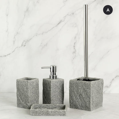 Modern Gray Resin Granite Block Bathroom Accessories Toothbrush Holder Liquid Soap Dispenser Toilet Brush Holder For Washroom Bathroom Accessory Sets