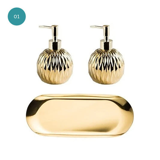 Modern Luxury Soap Dispenser Hand Sanitizer Shower Gel Shampoo Dispenser Ceramic Bathroom Accessories Set Stainless Steel Tray Available in Gold or Silver