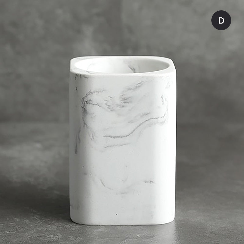 Modern White Faux Marble Bathroom Accessories Sets Liquid Soap Dispenser Mouthwash Tumbler Toothbrush Holder Box For Cotton Swabs