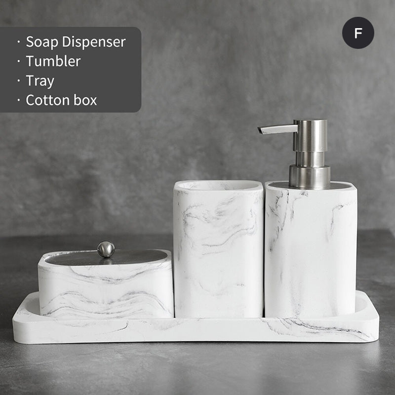 Modern White Faux Marble Bathroom Accessories Sets Liquid Soap Dispenser Mouthwash Tumbler Toothbrush Holder Box For Cotton Swabs
