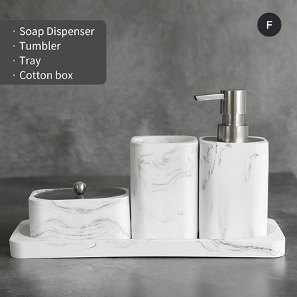 Modern White Faux Marble Bathroom Accessories Sets Liquid Soap Dispenser Mouthwash Tumbler Toothbrush Holder Box For Cotton Swabs