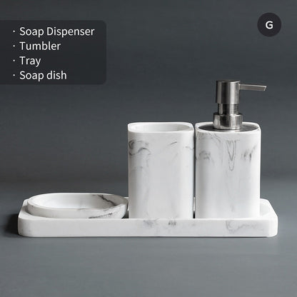 Modern White Faux Marble Bathroom Accessories Sets Liquid Soap Dispenser Mouthwash Tumbler Toothbrush Holder Box For Cotton Swabs